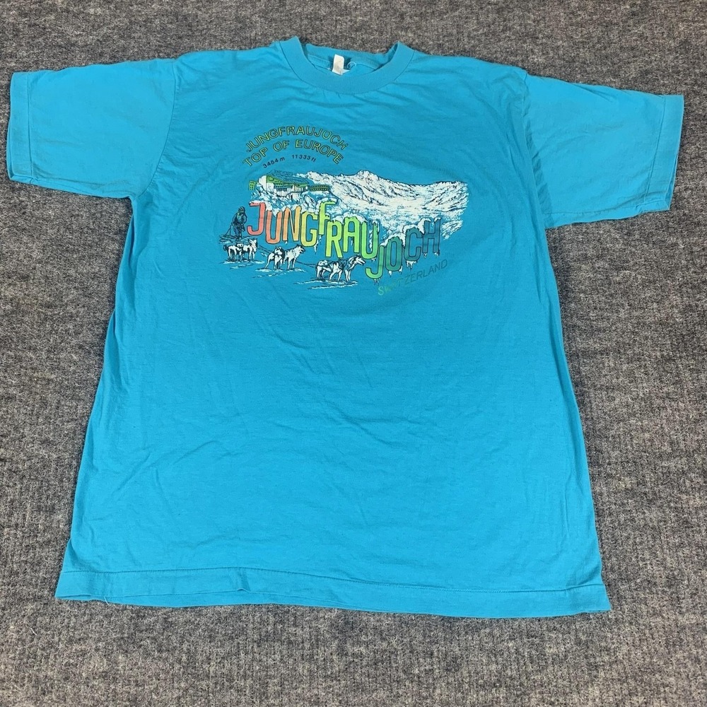 VTG‎ Swiss Design Shirt Mens Medium Blue Jungfraujoch Single Stitch Switzerland